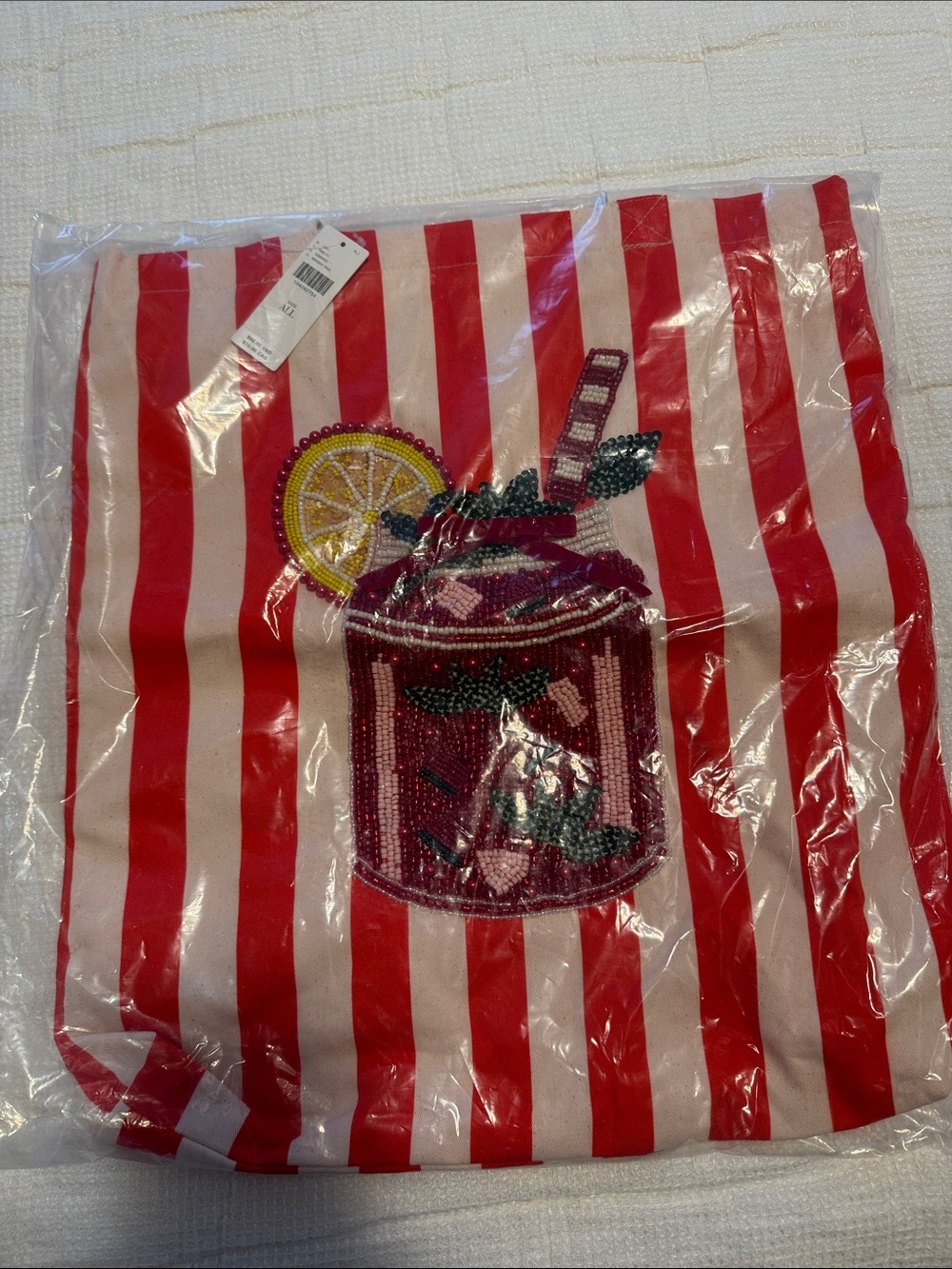 Anthropologie  Beaded Pink & Red Striped Tote with Lemon Accent